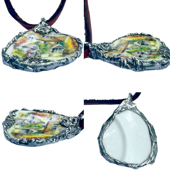 Artisan Necklace Featuring Royal Stuart Broken China & Silver Blend Metalwork - Picture 7 of 9